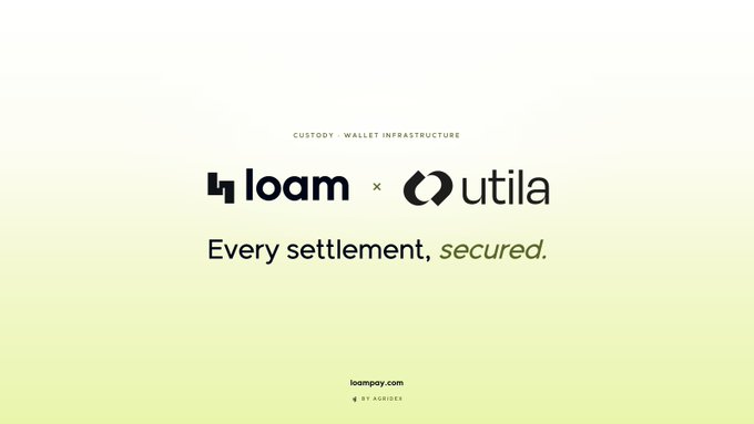 A minimalist promotional graphic with cream and yellow background announcing a partnership between 'loam' and 'utila' with the tagline 'Every settlement, secured.' and the website loampay.com.