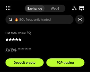 The image shows the OKX app's "Exchange" interface with search text "SOL frequently traded," a masked estimated total value, and 1-week PnL, alongside "Deposit crypto" and "P2P trading" buttons. This relates to the post by illustrating the OKX platform interface, where users can manage their crypto balance to use with the OKX Card for convenient food order payments.