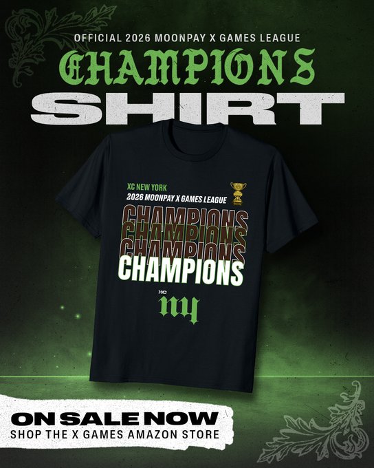 A promotional graphic advertises the "Official 2026 Moonpay X Games League Champions Shirt," featuring a black t-shirt with "XC New York" and "2026 Moonpay X Games League Champions" printed in bold green and white lettering, alongside a trophy icon. The bottom text reads "ON SALE NOW - Shop the X Games Amazon Store," with the Amazon link directing fans to purchase this limited-edition commemorative tee celebrating XC New York's championship win.