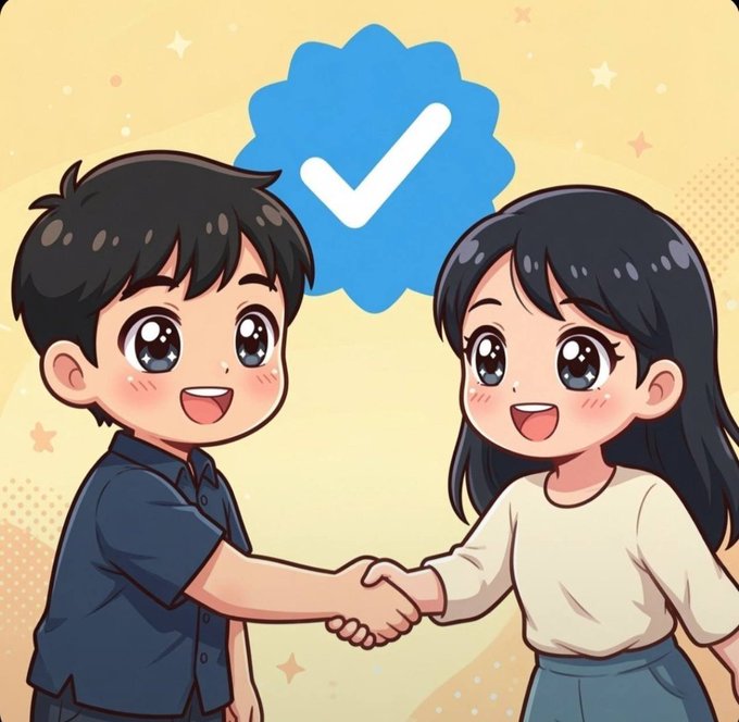 An anime-style illustration of a smiling boy and girl shaking hands, with a large blue checkmark badge displayed above them on a yellow starry background.