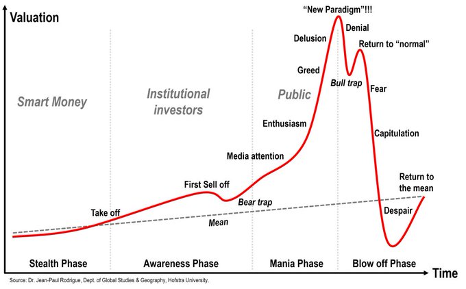 A market cycle chart showing valuation over time through phases: Stealth Phase, Awareness Phase, Mania Phase (with labels like Delusion, Greed, "New Paradigm", Bull trap), and Blow off Phase (Denial, Fear, Capitulation, Despair, Return to the mean), sourced from Dr. Jean-Paul Rodrigue, Hofstra University.