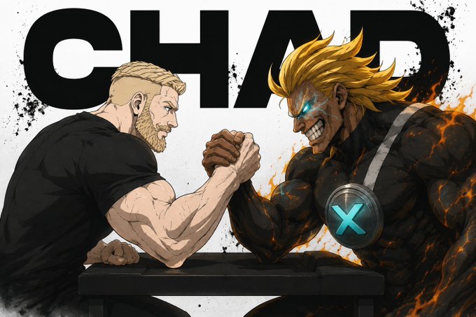 An anime-style illustration showing two muscular men arm wrestling, with a blonde bearded man on the left and a Super Saiyan-like character with glowing blue eyes and flames on the right, under the large text 'CHAD'.