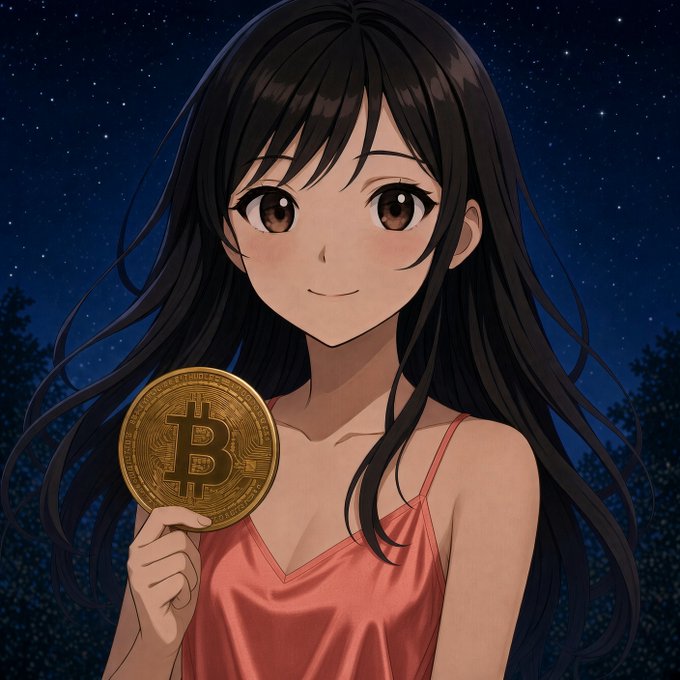 An anime-style illustration of a smiling woman with long dark hair wearing a pink top, holding up a gold Bitcoin coin against a starry night sky.