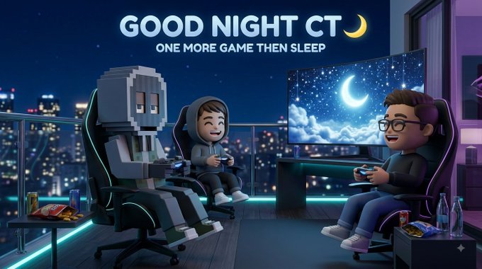 A cartoon-style digital illustration showing two characters and a Minecraft-like figure playing video games at night, with the text "GOOD NIGHT CT" and "ONE MORE GAME THEN SLEEP."