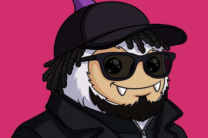 A digital cartoon illustration of a character with a fluffy white beard, fangs, dreadlocks, sunglasses, and a black cap with a purple stem on top.