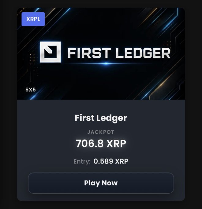 A promotional graphic for the "First Ledger" XRPL Scratcher game on LuckyHash, featuring a sleek black-and-blue design with a current jackpot of 706.8 XRP and an entry fee of 0.589 XRP, alongside a "Play Now" call-to-action button.