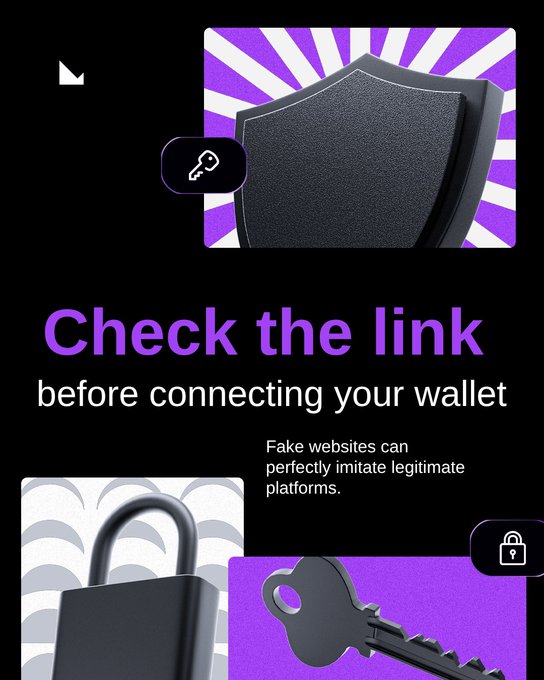 A digital safety graphic with purple accents warning 'Check the link before connecting your wallet', noting 'Fake websites can perfectly imitate legitimate platforms,' featuring shield, padlock, and key icons.