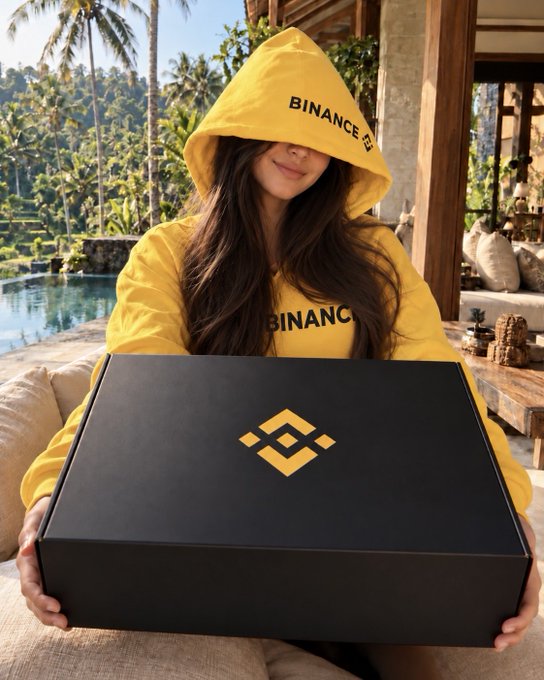 A woman in a yellow Binance hoodie holds a branded black box with the iconic yellow Binance logo, teasing the Binance Swag Box giveaway prize for the #BinanceConnect hashtag name contest.

Box label: "BINANCE SWAG BOX"
Text visible: "BINANCE" (hoodie), Binance diamond logo (box)