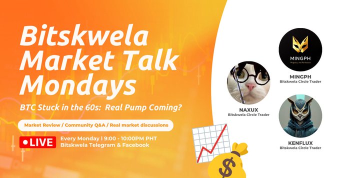 The image features a poster for a Bitcoin Market Talk event that has been scheduled for Monday, May 7th at 10:00 PM. The poster includes three different images of cats wearing glasses, with one cat being a cartoon character. The text on the poster reads "Bitskwa Market Talk Mondays" and it also mentions that there is a live stream available for those who want to watch the event.