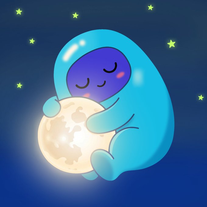 A cute cartoon illustration of a sleeping blue/purple creature in a hooded blanket hugging the moon against a dark blue starry sky.