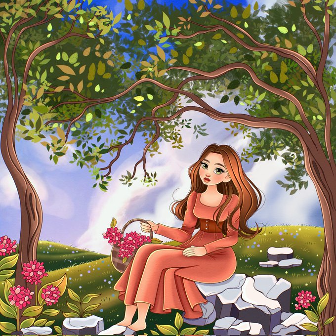 A digital illustration of a young woman with long brown hair sitting on a stone bench under a leafy tree, holding a basket of pink flowers, with a rainbow in the background.