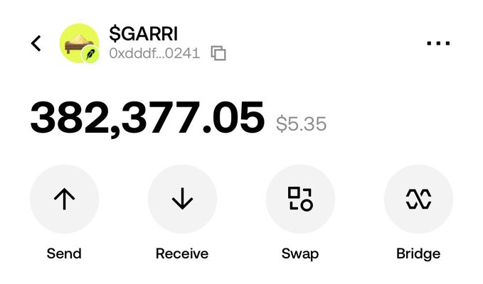 A crypto wallet screenshot showing a $GARRI token balance of 382,377.05 (~$5.35) with options to Send, Receive, Swap, and Bridge.