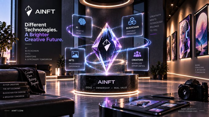 A promotional banner for AINFT featuring the tagline 'Different Technologies. A Brighter Creative Future.' highlighting AI, Blockchain, NFTS, and Creators in a futuristic room with floating holographic icons.