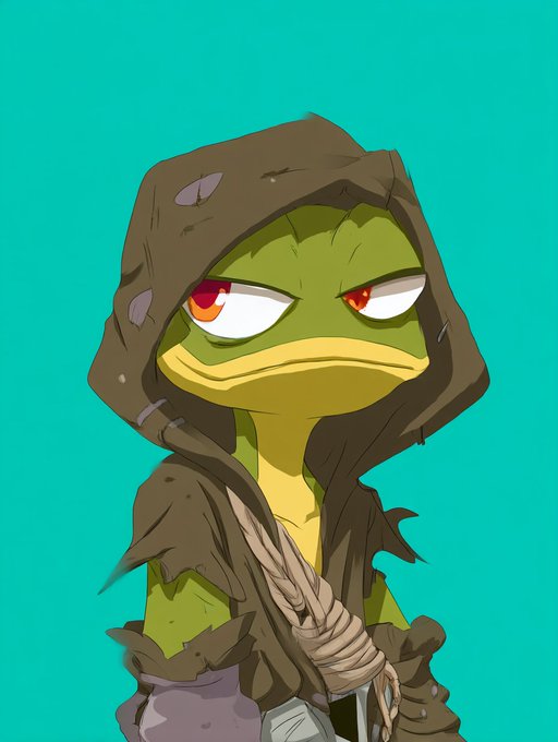 A digital illustration of a grumpy green humanoid character wearing a tattered brown hooded cloak, with red and yellow eyes, set against a teal background.