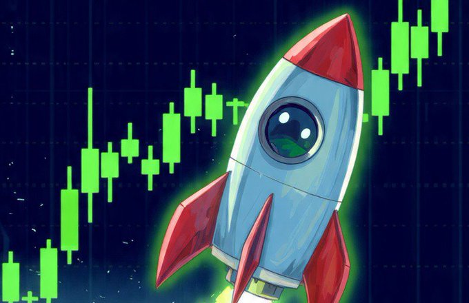 A cartoon rocket ship flying upward with green bullish candlestick chart patterns in the background, symbolizing a rising stock or crypto market.