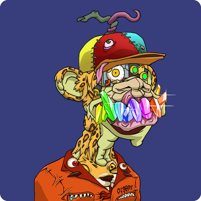 A cartoon-style illustration of a grotesque character with multiple eyes, rainbow-colored crystal teeth, and an orange outfit with the number '019807' on it, wearing a patched cap.