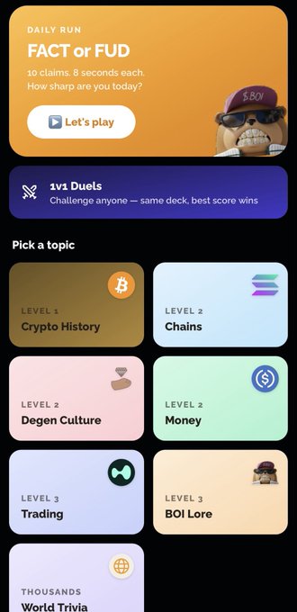 A mobile app screen for a trivia game shows a 'DAILY RUN FACT or FUD' section with a 'Let's play' button and topics like Crypto History, Chains, Degen Culture, Money, Trading, BOI Lore, and World Trivia.