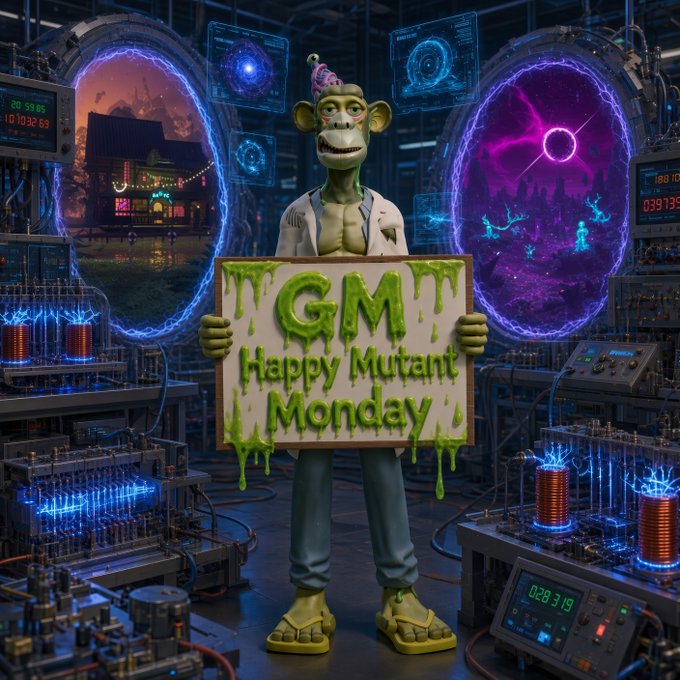 Digital artwork of a green mutant monkey wearing a party hat, holding a dripping green sign that reads 'GM Happy Mutant Monday' in a sci-fi lab with portals and machinery.