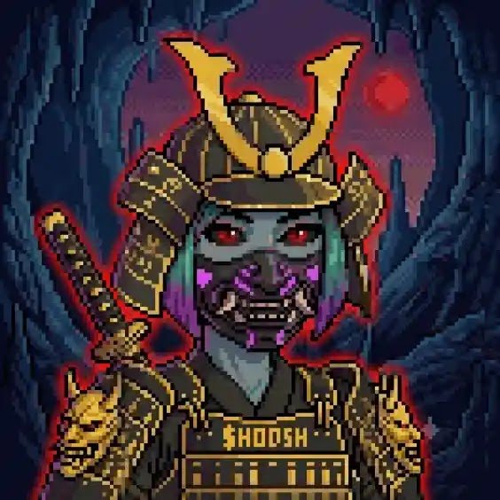 A pixel art portrait of a samurai warrior in golden armor with glowing red eyes, set against a dark cave background, with '$HOOSH' displayed on the chest plate.