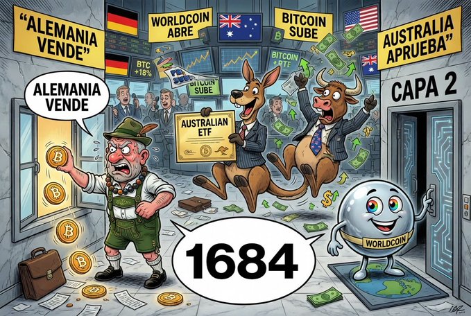 The image portrays an animated scene of people engaged in various activities, including a man wearing a beard holding up a sign with the number "1684", two cartoon bulls, one carrying a banner reading "Australia" and the other having a banner saying " bitcoins". A group of men are standing around and some are holding up signs. The sign that is most likely related to bitcoin can be found near the center of the scene. The overall mood seems to be playful and lighthearted, with elements of humor including a joke about the number "1684" being associated with Bitcoin.