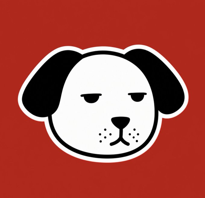 A cartoon-style illustration of a dog with black floppy ears and a white face with sleepy eyes, set against a red background.