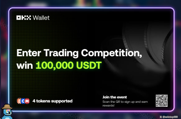 Promotional graphic for OKX Wallet advertising a trading competition to 'win 100,000 USDT' with a QR code to join.