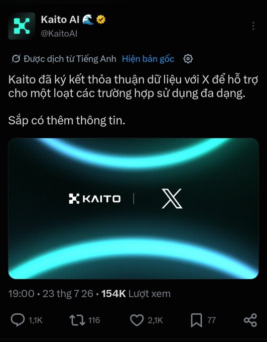 A Vietnamese-language X (Twitter) post by Kaito AI (@KaitoAI) announcing 'Kaito đã ký kết thỏa thuận dữ liệu với X' (Kaito has signed a data agreement with X) to support diverse use cases, featuring a Kaito | X collaboration graphic, posted 23/7/26 with 154K views, 1.1K comments, 116 reposts, 2.1K likes, and 77 bookmarks.