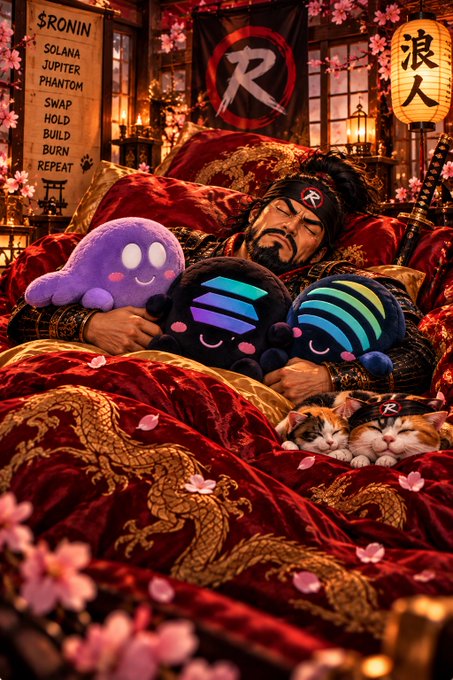 A digital illustration of a samurai-style character resting on a red cushion surrounded by plush toys of the Solana, Jupiter, and Phantom cryptocurrency logos, two kittens, cherry blossoms, and a banner reading '$RONIN' with a list: SOLANA, JUPITER, PHANTOM, SWAP, HOLD, BUILD, BURN, REPEAT.