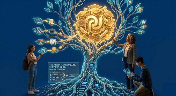 The image features three people standing around a tree with a large golden object at its center, which appears to be a digital illustration or a 3D rendering of a tree. The group consists of two women and one man who are all looking at the tree and the golden object. The background is blue, and there's text that reads "The field of blockchain technology has been shown to fund U.S. student scholarships and hunger relief". This suggests that the image might be related to a project or initiative involving blockchain technology for social causes.
