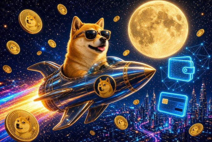 A digital artwork featuring a Shiba Inu dog wearing sunglasses riding a rocket ship through space, surrounded by Dogecoin tokens, a full moon, and floating digital wallet icons.