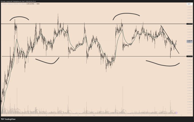 A TradingView candlestick chart on a beige background with curved black lines drawn over the price action, likely marking resistance and support levels, with volume indicators at the bottom.