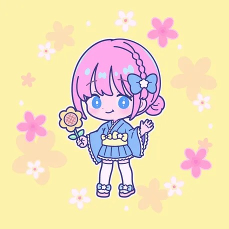 A cute chibi-style illustration of a pink-haired anime girl in a blue kimono holding a sunflower, set against a yellow background with cherry blossoms.