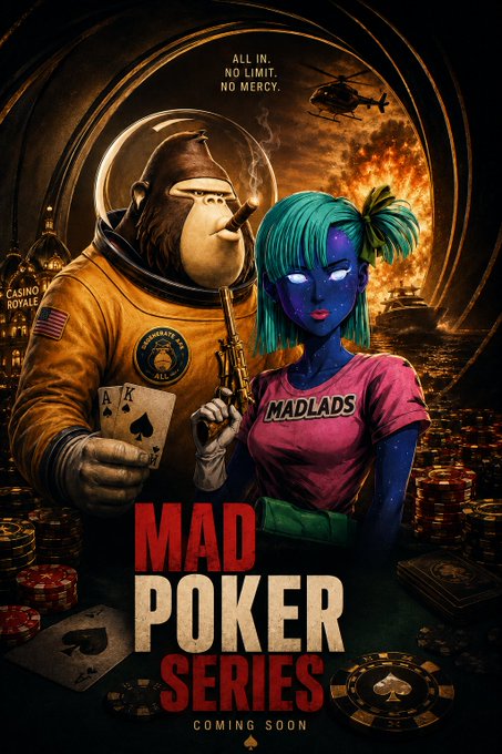Movie poster for 'Mad Poker Series' featuring a cigar-smoking gorilla in an astronaut suit holding poker cards alongside a blue-skinned anime girl, with text 'ALL IN. NO LIMIT. NO MERCY.' and 'COMING SOON'.