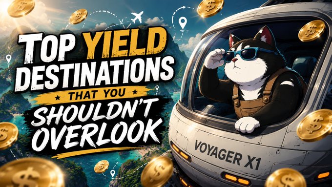 A stylish cartoon cat wearing sunglasses pilots the "Voyager X1" spaceship through a mountainous landscape scattered with gold coins, accompanying bold text reading "TOP YIELD DESTINATIONS THAT YOU SHOULDN'T OVERLOOK." The adventurous, treasure-hunting imagery visually reinforces the post's theme of exploring top yield opportunities like Yield Basis.
