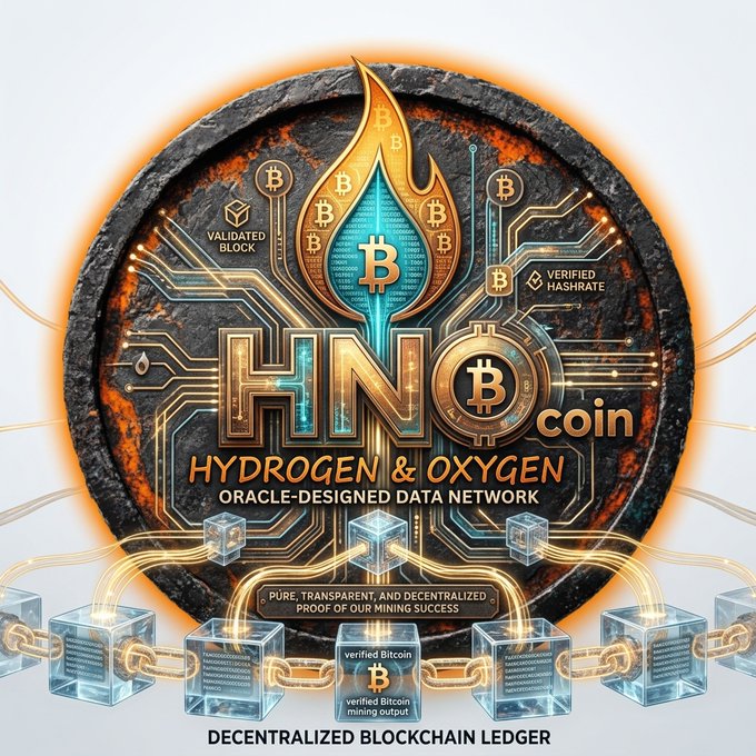 Stylized cryptocurrency coin logo for 'HNO coin - HYDROGEN & OXYGEN' featuring a flame design with a Bitcoin 'B' symbol, surrounded by blockchain circuit graphics and labeled 'ORACLE-DESIGNED DATA NETWORK' and 'DECENTRALIZED BLOCKCHAIN LEDGER'.