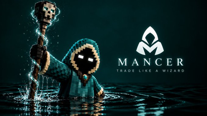 A Minecraft-style wizard figure holding a lightning-enchanted staff, with the Mancer logo and tagline 'Trade Like A Wizard' beside it.