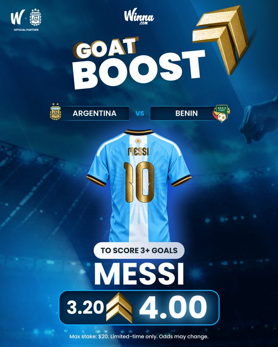 A 'GOAT BOOST' sports betting advertisement for Winna.com features an Argentina vs. Benin matchup, promoting a bet on Messi to score 3+ goals with boosted odds shown as 3.20 to 4.00.