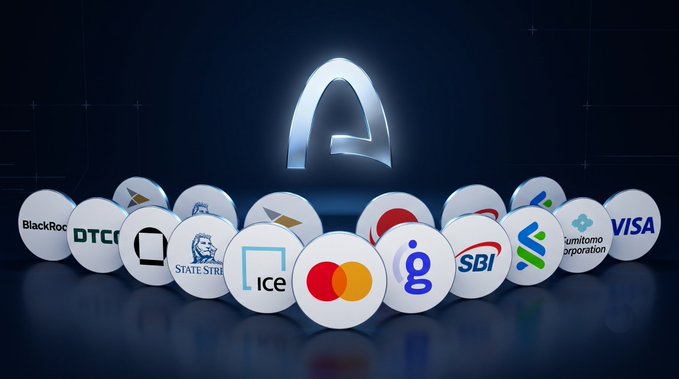 A digital display featuring the Arch logo with various company logos including Visa, Mastercard, SBI, State Street, BlackRock, and ICE.