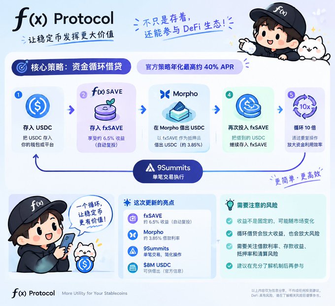 The image is an infographic from f(x) Protocol detailing a capital recycling strategy with an official annualized yield of up to ~40% APR, illustrating a 5-step loop: depositing USDC into fxSAVE (6.5% auto-compounded yield), borrowing USDC via Morpho at 3.85%, redepositing into fxSAVE, and repeating 10x through 9Summits smart transaction execution. It complements the accompanying post by visually breaking down the leveraged stablecoin yield strategy and highlighting the new features (fxSAVE, Morpho, 9Summits, $8M USDC) along with the associated risks.