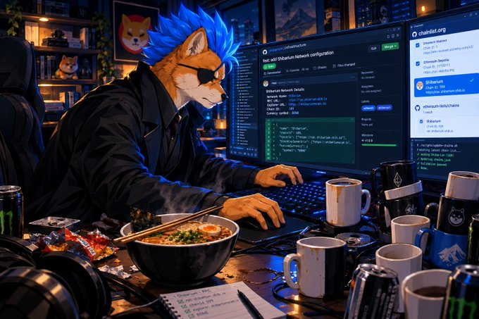 An anime-style illustration of a blue-haired anthropomorphic fox hacker working on multiple computer monitors displaying code, surrounded by ramen, coffee mugs, and energy drinks.
