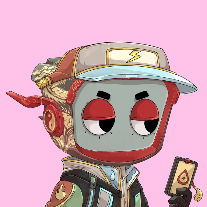 An illustrated cartoon character of a robot with a square face wearing a baseball cap and holding a smartphone displaying a red symbol, set against a pink background.