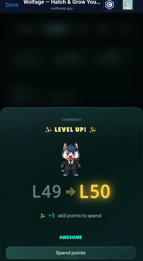 The same Wolfage level-up screen showing the cartoon wolf avatar progressing from L49 to L50 with options to spend skill points.