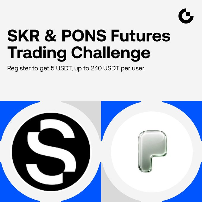 A promotional graphic for a "SKR & PONS Futures Trading Challenge" offering registration bonuses of 5 USDT up to 240 USDT per user, featuring logos for both $SKR and $PONS tokens against a blue and white background. The image visually represents the trading challenge described in the post, highlighting the two altcoins and the USDT reward incentives.