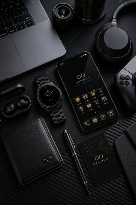 An aesthetic flat-lay photograph of dark-themed accessories including a smartphone displaying the "OPTIMUM" app, a black watch, a camera lens, wireless earbuds, a PS5 controller, a wallet, a pen, and a laptop, all branded with the "OPTIMUM" logo.