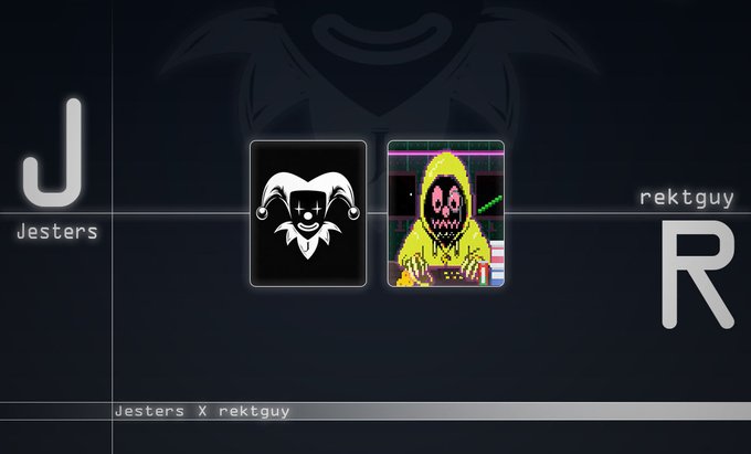 A promotional graphic announcing a collaboration between "Jesters" and "rektguy," featuring their respective logos—a white jester face icon and a pixelated character in a yellow hoodie—with the text "Jesters X rektguy" displayed at the bottom. The design uses a dark background with the partner names stylized as large letters "J" and "R" on either side, highlighting the upcoming NFT mint collaboration mentioned in the post.