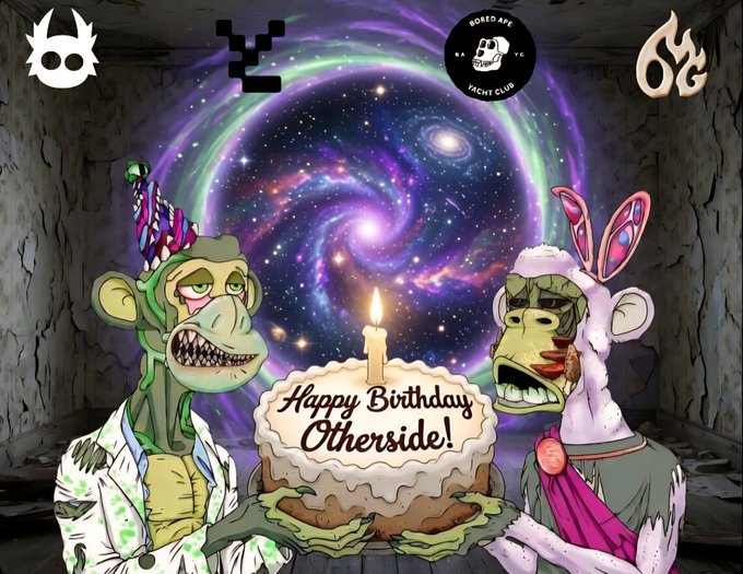 A colorful NFT-style 'Happy Birthday Otherside!' graphic featuring two Bored Ape-style characters flanking a birthday cake in front of a swirling galaxy portal.