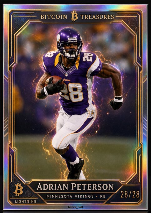 A 'Bitcoin Treasures' holographic trading card featuring NFL player Adrian Peterson (Minnesota Vikings RB #28, 28/28 edition) in his purple jersey running with a football, credited to @corn_hodl.