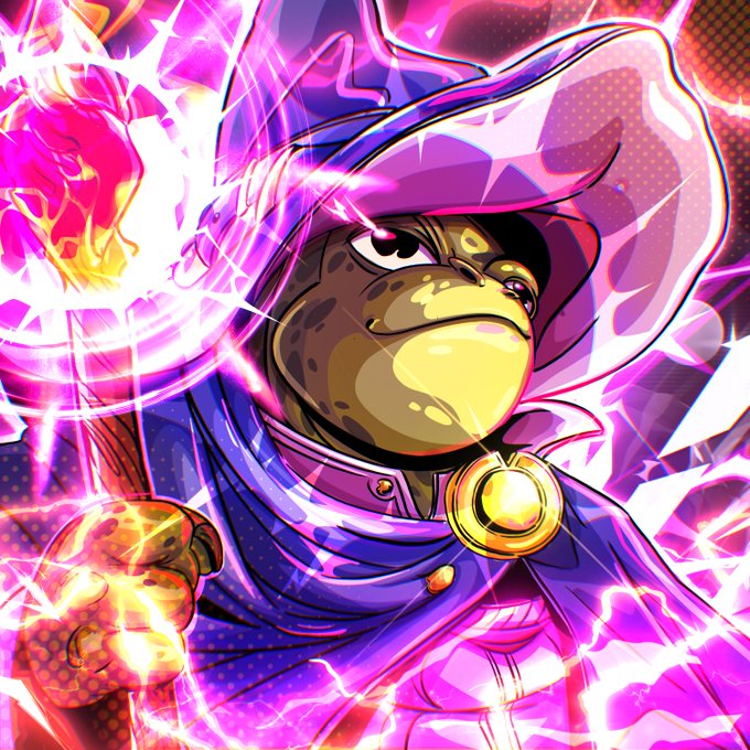 A digital illustration of a frog-like wizard character wearing a purple robe and pointed hat, holding a glowing staff with magical purple and orange energy swirling around.