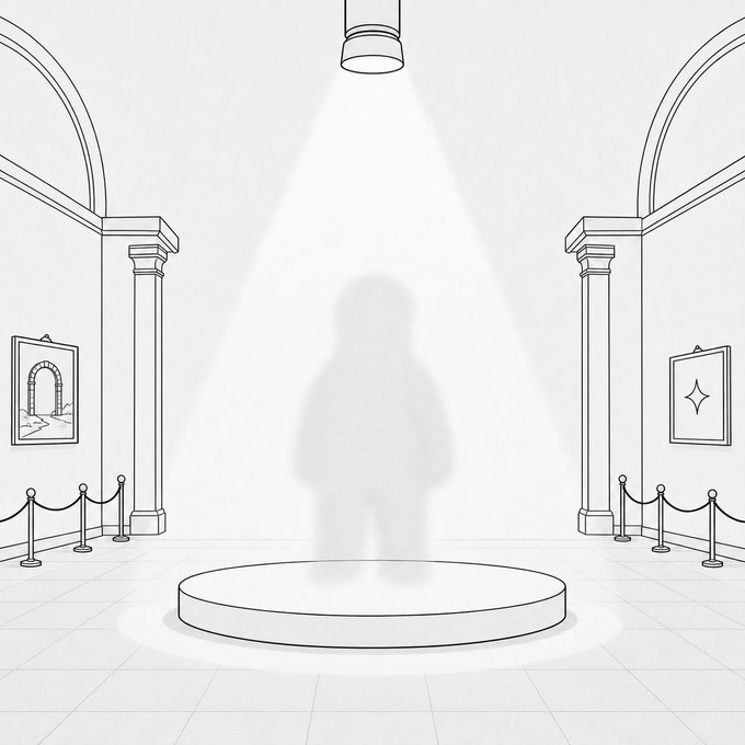A gallery spotlight illuminates an empty pedestal where a shadowy figure stands, surrounded by stanchions and framed artwork—visually echoing the post's invitation to mint up to 2 BIWLS tokens and "find ur little soul" as a collectible art piece.