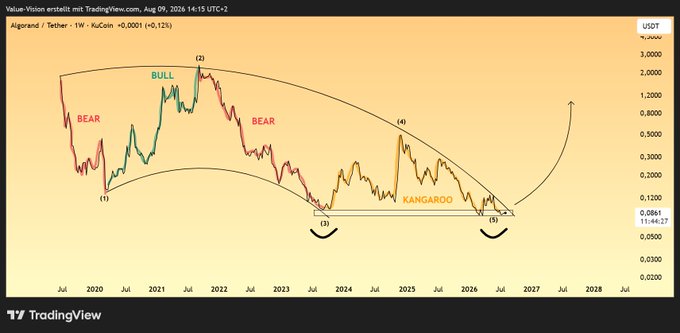 This TradingView chart displays the ALGO/USDT weekly price action showing labeled market cycles including "BULL" (2020-2022), "BEAR" phases, and a current "KANGAROO" double-bottom pattern between 2023-2026, with annotations marking key swing points (1)-(4). The post aligns with the chart by highlighting the completed kangaroo double bottom structure near $0.0861 as a bullish reversal signal, projecting a target of $1.00 and a major 2027-2029 bull run driven by quantum and AI catalysts.